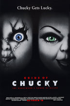 Bride of Chucky poster features Chucky's scarred blue eye beside Tiffany's green eye on a black background with red and white title text.