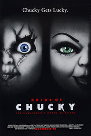 Bride of Chucky poster features Chucky's scarred blue eye beside Tiffany's green eye on a black background with red and white title text.