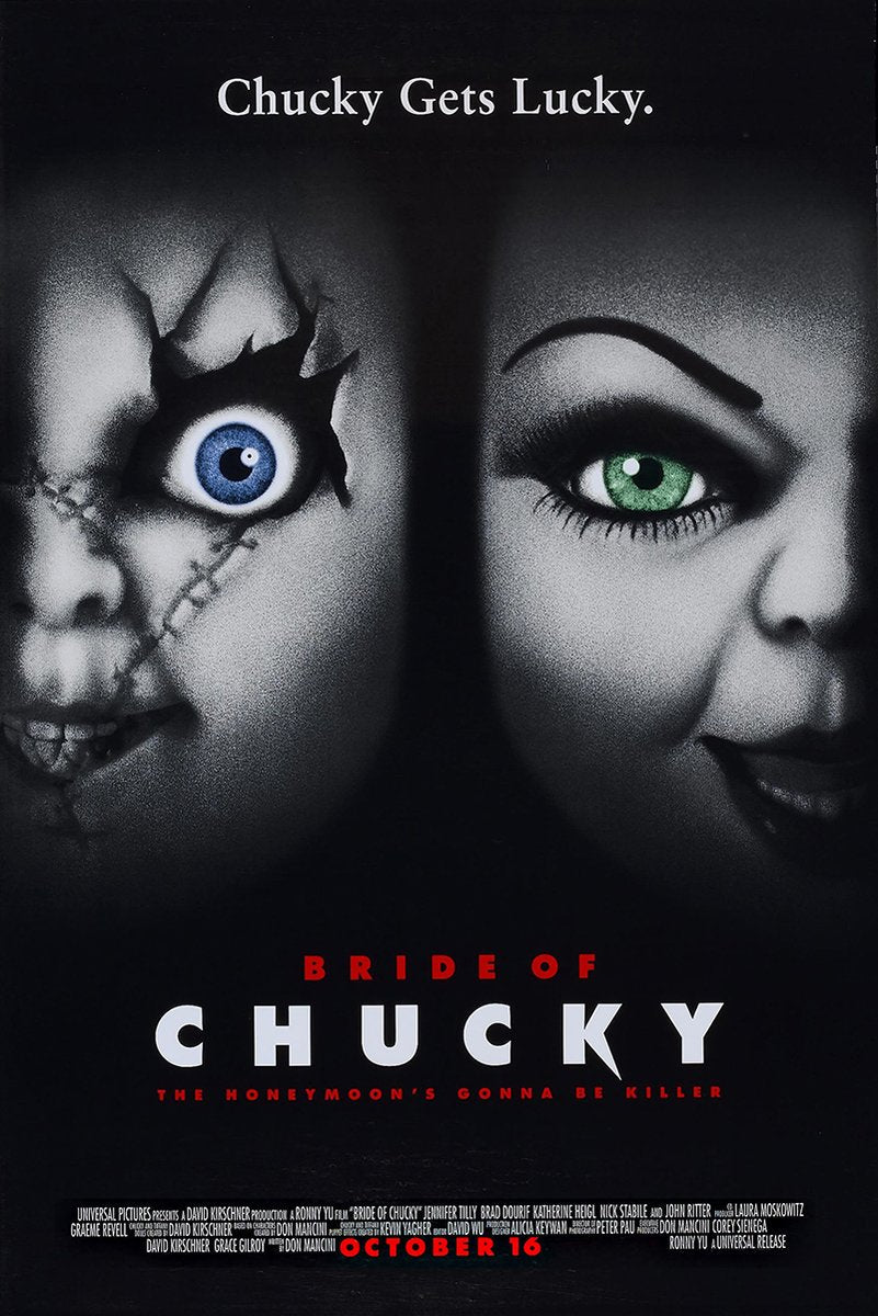 Bride of Chucky poster features Chucky's scarred blue eye beside Tiffany's green eye on a black background with red and white title text.