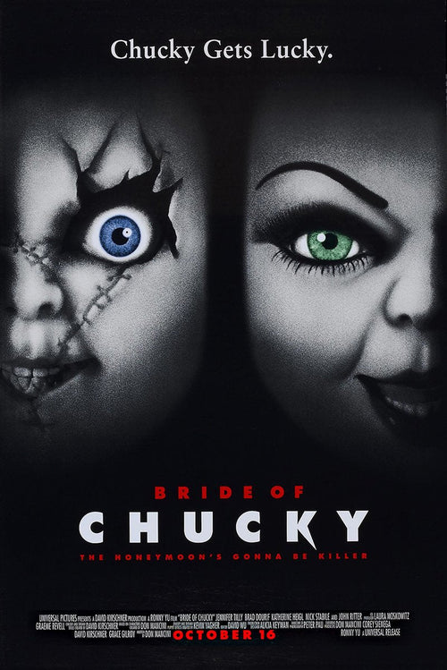 Bride of Chucky poster features Chucky's scarred blue eye beside Tiffany's green eye on a black background with red and white title text.