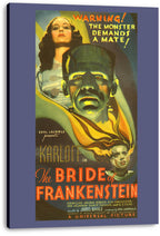 Bride of Frankenstein wall art print displayed on a thick canvas, featuring the monster and two women in green and gold.