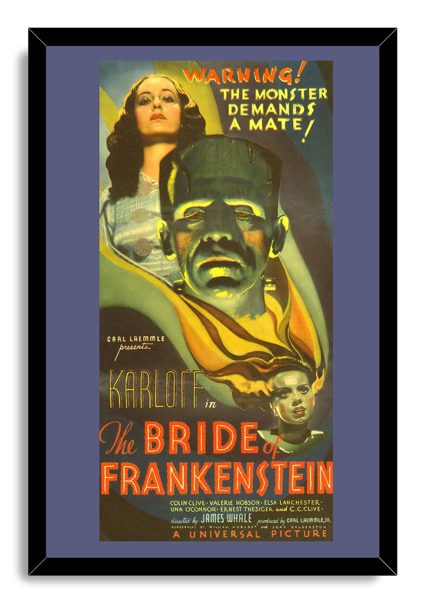 Bride of Frankenstein poster framed in black, with the monster, bride portraits, and orange vintage film typography.