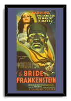 Bride of Frankenstein poster framed in black, with the monster, bride portraits, and orange vintage film typography.