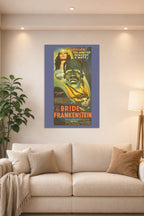 Bride of Frankenstein Movie Poster in a bright living room above a beige sofa.