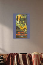 Bride of Frankenstein Movie Poster in a cozy movie room above a brown sofa with popcorn.