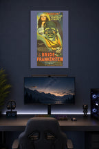 Bride of Frankenstein Movie Poster in a gaming desk setup above a monitor.