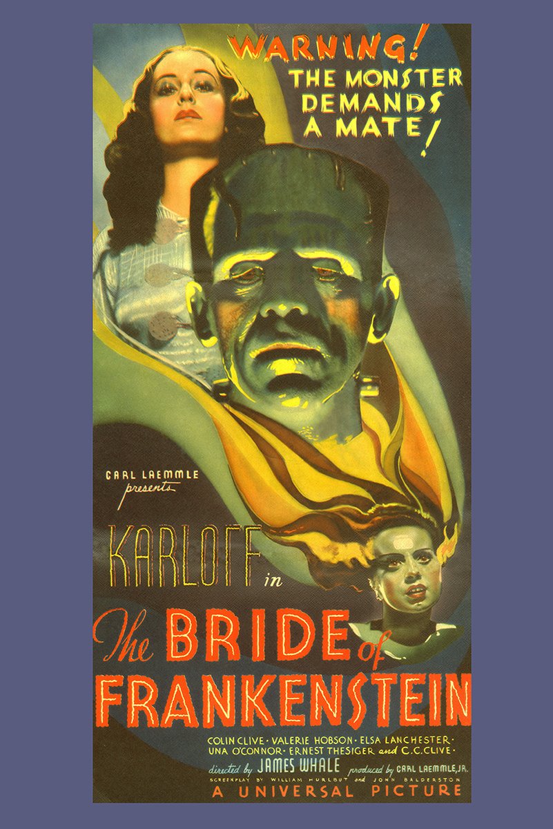 Bride of Frankenstein poster with the green-faced monster, two women, and bold orange vintage title lettering.