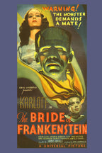 Bride of Frankenstein poster with the green-faced monster, two women, and bold orange vintage title lettering.