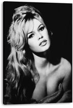 Brigitte Bardot canvas wall art print displaying a monochrome glamour portrait on a thick, gallery-wrapped rectangular canvas.