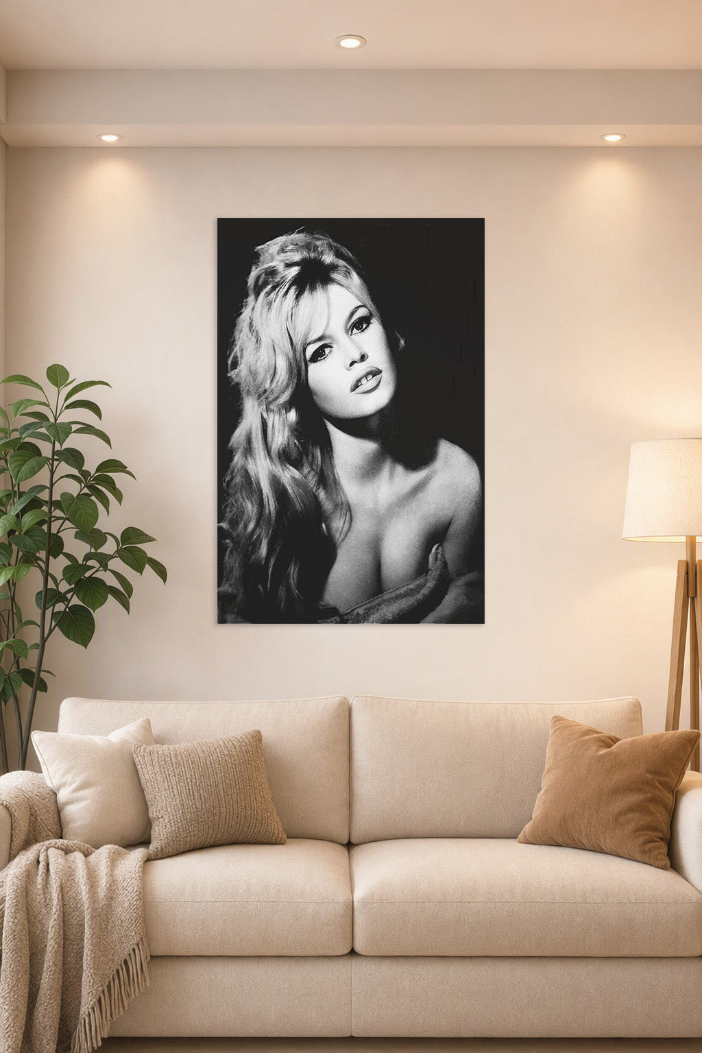 Brigitte Bardot in a bright living room above a beige sofa.