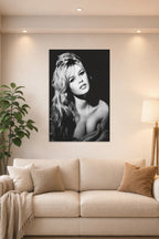 Brigitte Bardot in a bright living room above a beige sofa.