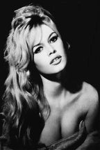 Brigitte Bardot wall art print featuring a black-and-white close-up portrait with long wavy hair, dark eyeliner, and an off-shoulder top.