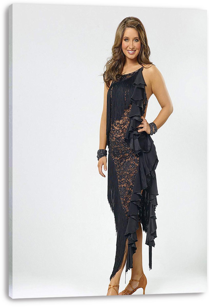 Bristol Palin canvas wall art print with a full-length portrait in a black ruffled fringe dress against white.