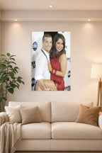 Bristol Palin and Mark Ballas in a bright living room above a beige sofa.