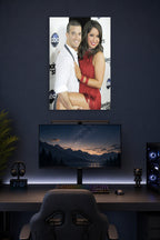 Bristol Palin and Mark Ballas in a gaming desk setup above a monitor.