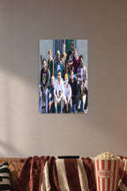 Brockhampton Music Collective in a cozy movie room above a brown sofa with popcorn.