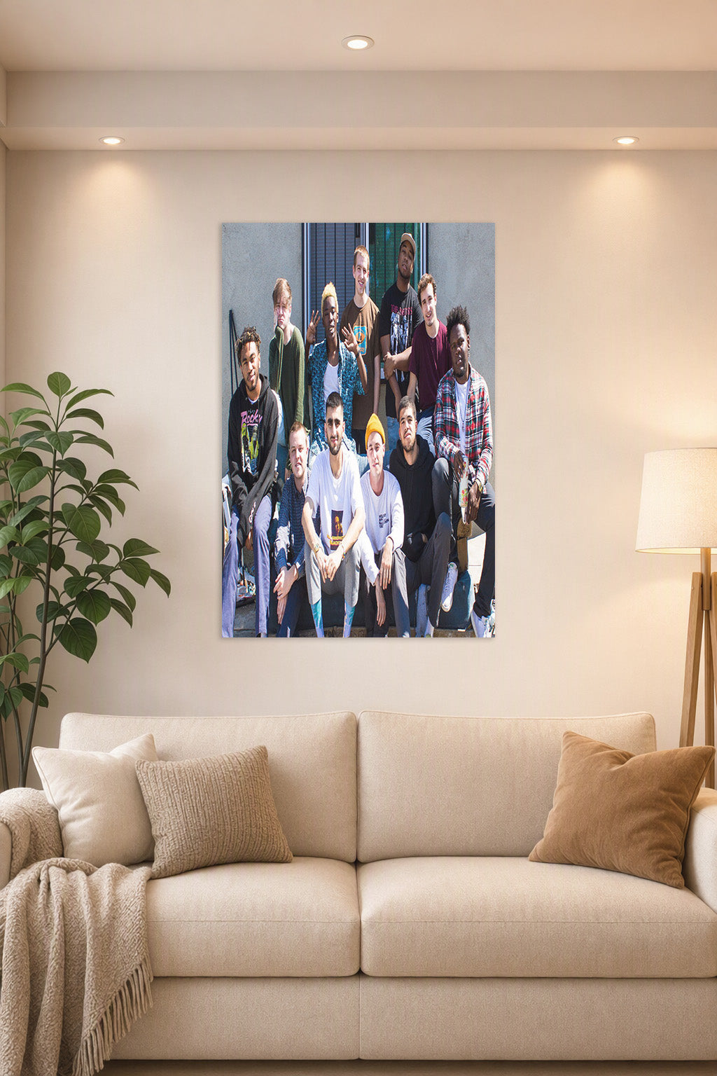 Brockhampton Music Collective in a bright living room above a beige sofa.
