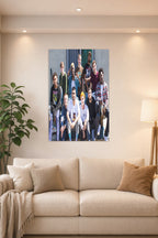 Brockhampton Music Collective in a bright living room above a beige sofa.