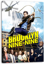 Brooklyn Nine-Nine canvas wall art print featuring Jake Peralta on a rope, helicopters, city towers, yellow title text, and cast.
