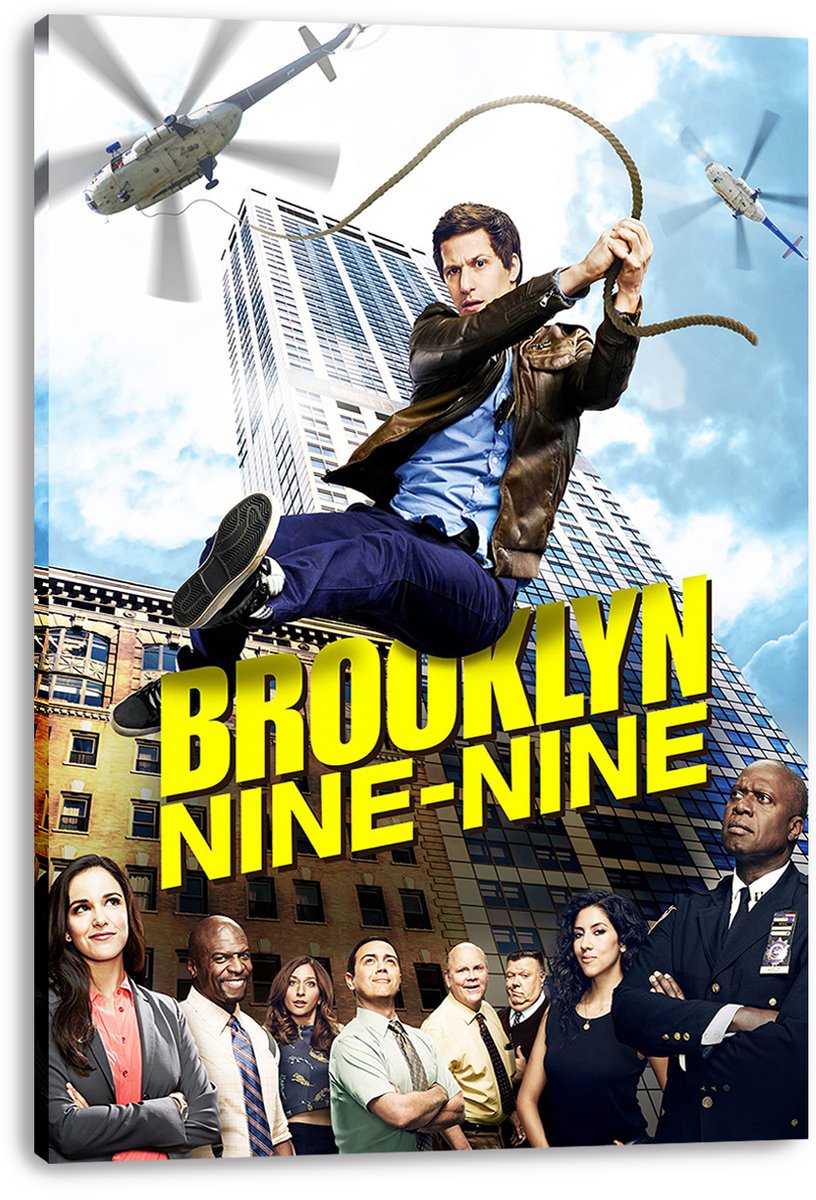Brooklyn Nine-Nine canvas wall art print featuring Jake Peralta on a rope, helicopters, city towers, yellow title text, and cast.