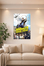 Brooklyn Nine-Nine TV Show in a bright living room above a beige sofa.