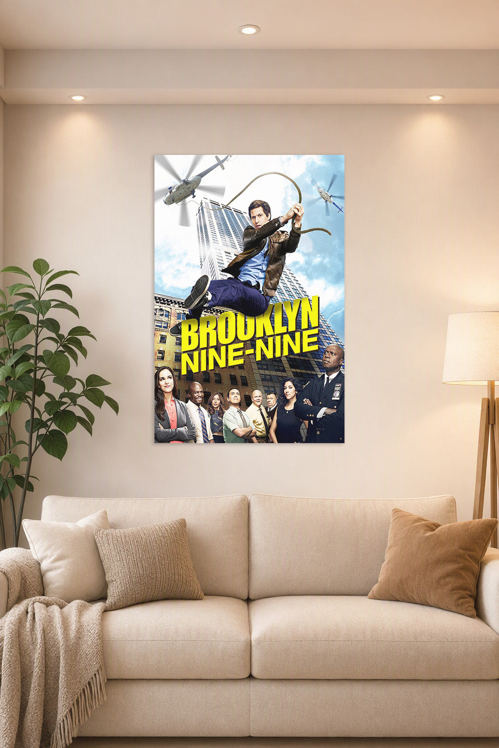 Brooklyn Nine-Nine TV Show in a bright living room above a beige sofa.