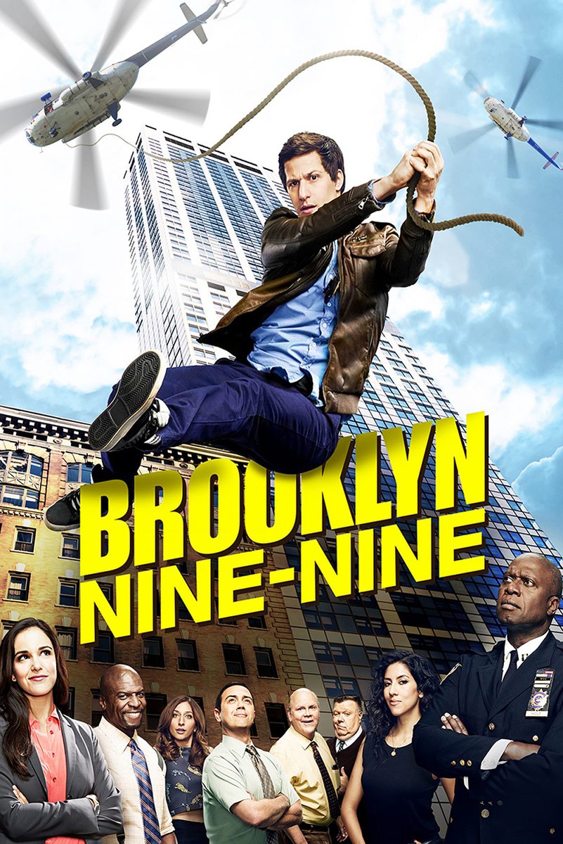 Brooklyn Nine-Nine poster with Jake Peralta swinging on a rope before skyscrapers and helicopters, above the precinct cast.