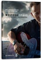 Bruce Springsteen Western Stars wall art print on stretched canvas depicts the guitarist against dark clouds, with October 25 text.
