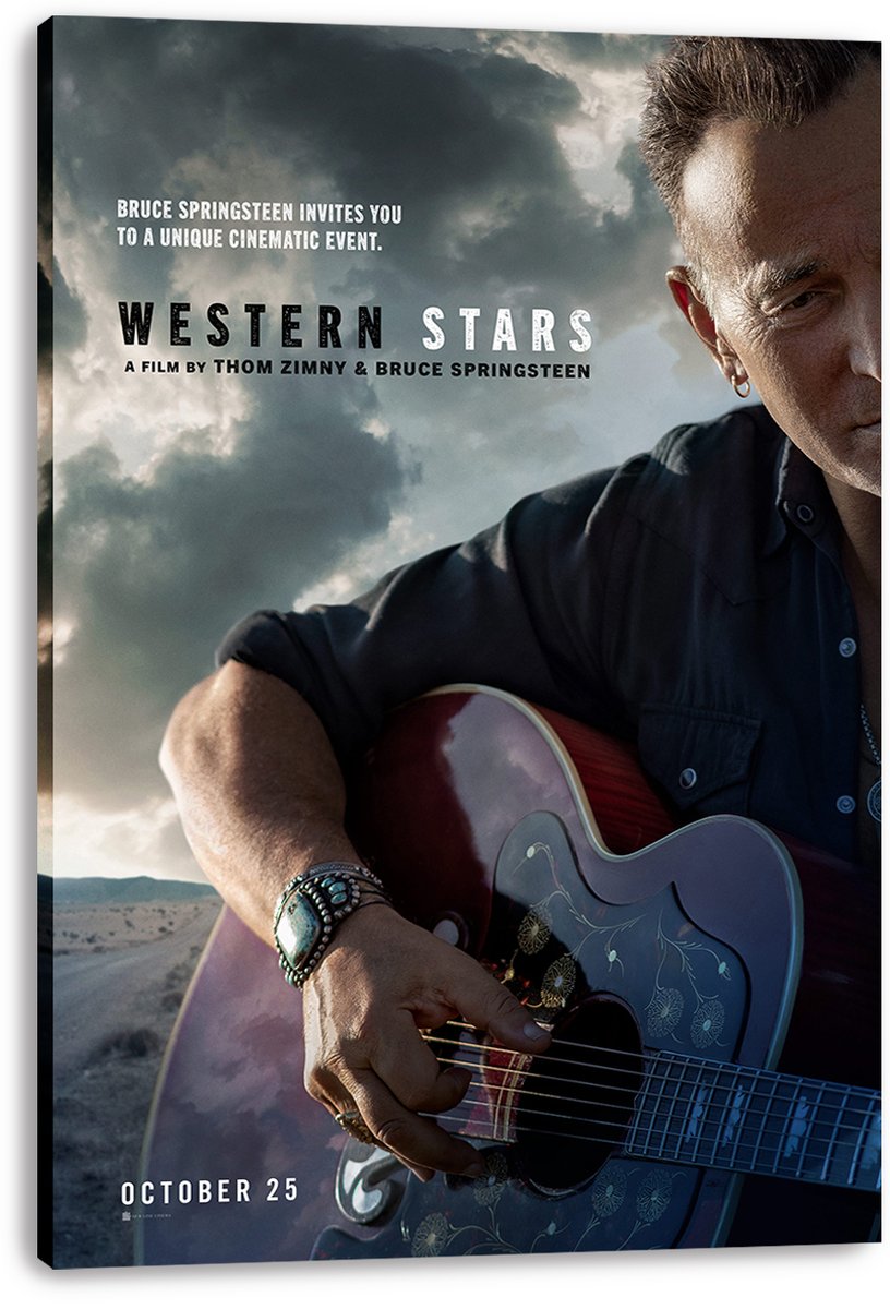 Bruce Springsteen Western Stars wall art print on stretched canvas depicts the guitarist against dark clouds, with October 25 text.