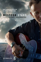 Bruce Springsteen Western Stars poster features a close-up of the musician holding a floral acoustic guitar beneath stormy desert skies.