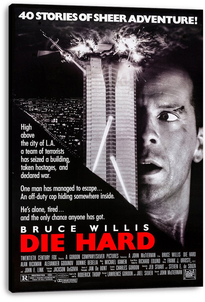Die Hard movie poster canvas print featuring Bruce Willis, a burning high-rise tower, helicopter, white slogans, and bold red lettering.