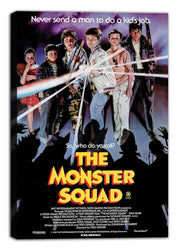 The Monster Squad wall art print on stretched canvas depicts six youths confronting monsters beneath a purple night sky.