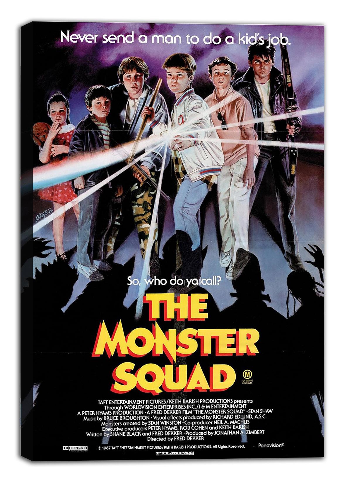 The Monster Squad wall art print on stretched canvas depicts six youths confronting monsters beneath a purple night sky.