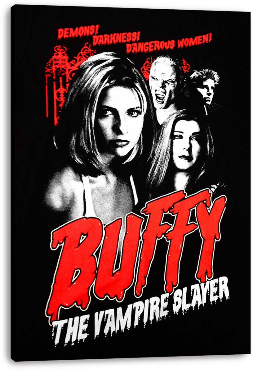 Buffy the Vampire Slayer canvas wall art print featuring four stark black-and-white portraits and bold red horror-style lettering.
