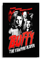 Framed Buffy the Vampire Slayer wall art print with character portraits, red ornamental graphics, and white subtitle text on black.
