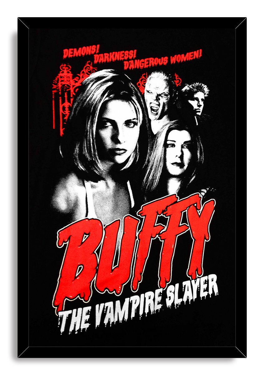 Framed Buffy the Vampire Slayer wall art print with character portraits, red ornamental graphics, and white subtitle text on black.