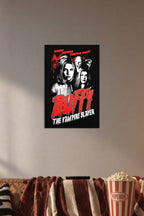 Buffy the Vampire Slayer in a cozy movie room above a brown sofa with popcorn.