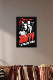 Buffy the Vampire Slayer in a cozy movie room above a brown sofa with popcorn.