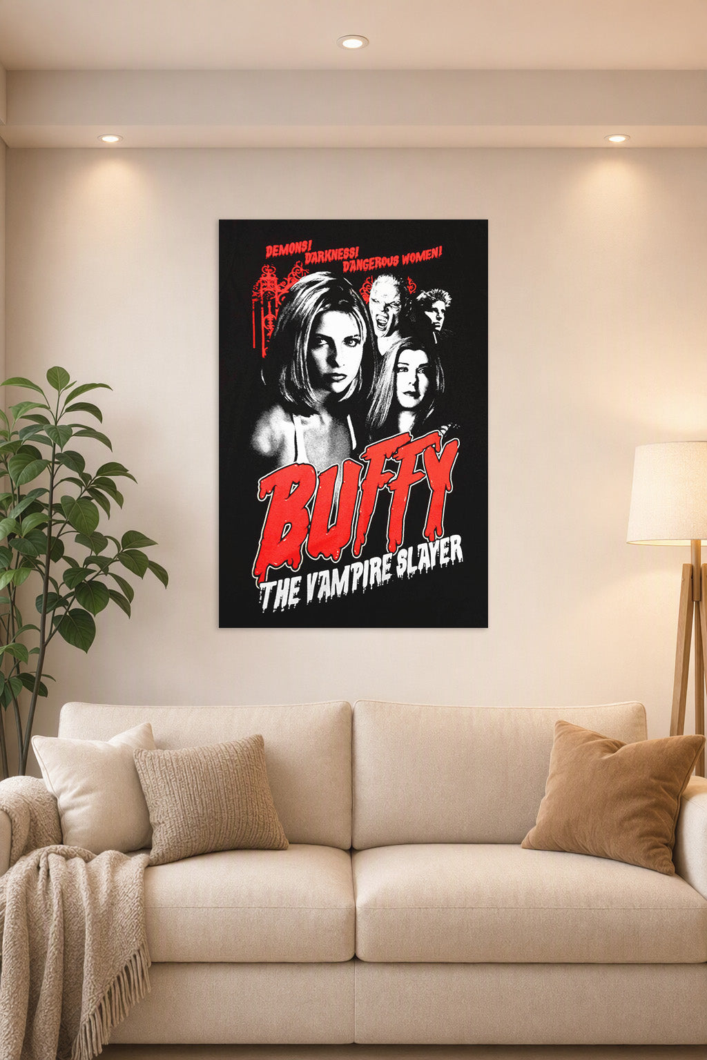 Buffy the Vampire Slayer in a bright living room above a beige sofa.