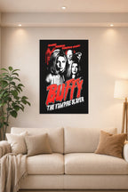 Buffy the Vampire Slayer in a bright living room above a beige sofa.