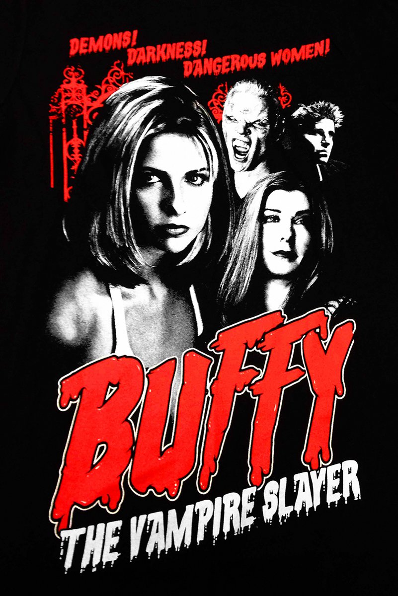 Buffy the Vampire Slayer poster with monochrome character portraits, red gothic accents, and dripping red Buffy title text.