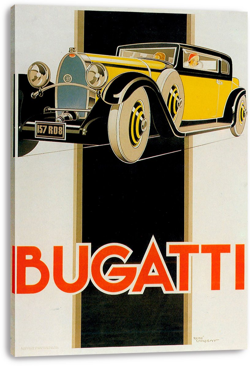 Bugatti canvas wall art print displaying a yellow classic car, black fenders, cream wheels, and oversized orange Bugatti text.