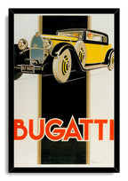 Bugatti framed wall art print with a yellow vintage automobile, stylized passengers, black vertical backdrop, and orange brand lettering.