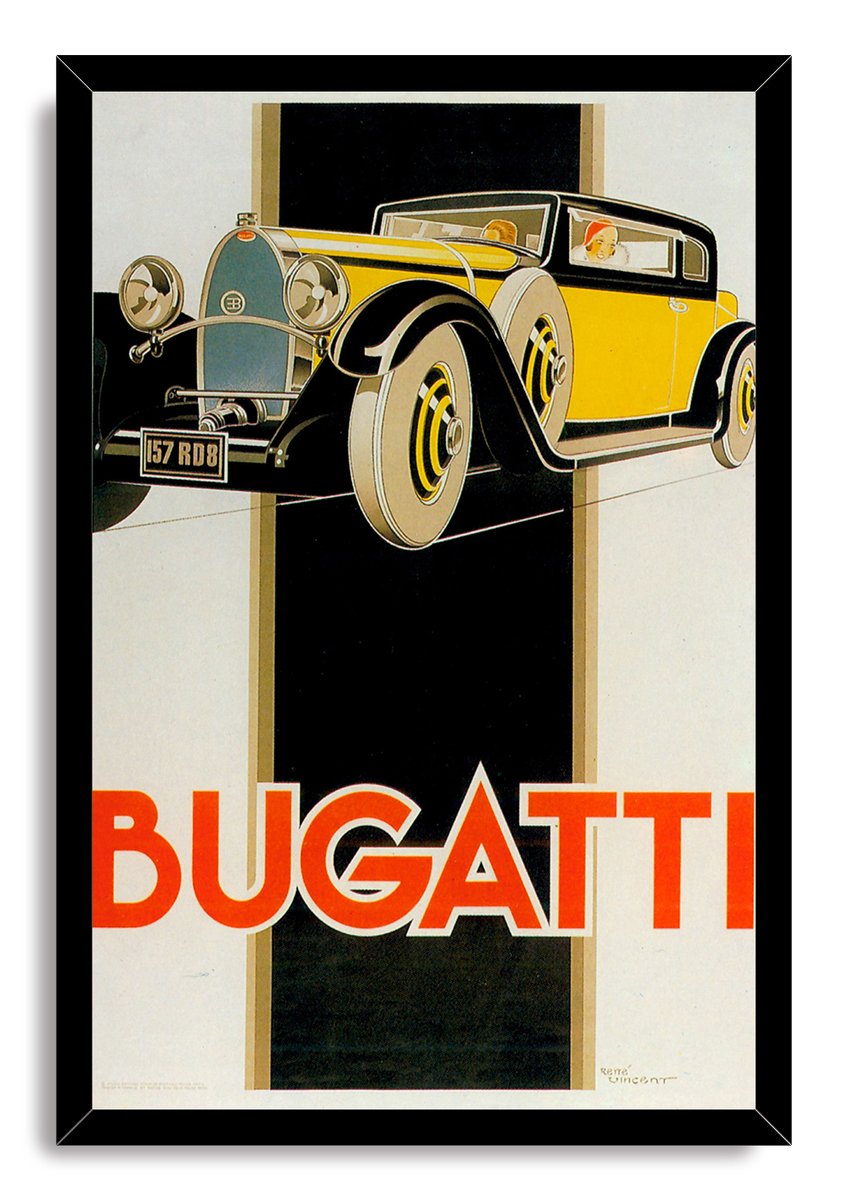 Bugatti framed wall art print with a yellow vintage automobile, stylized passengers, black vertical backdrop, and orange brand lettering.