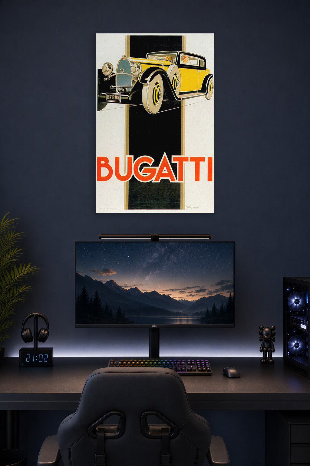 Bugatti Car Art Deco in a gaming desk setup above a monitor.