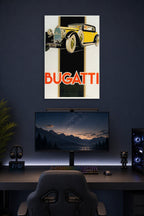 Bugatti Car Art Deco in a gaming desk setup above a monitor.
