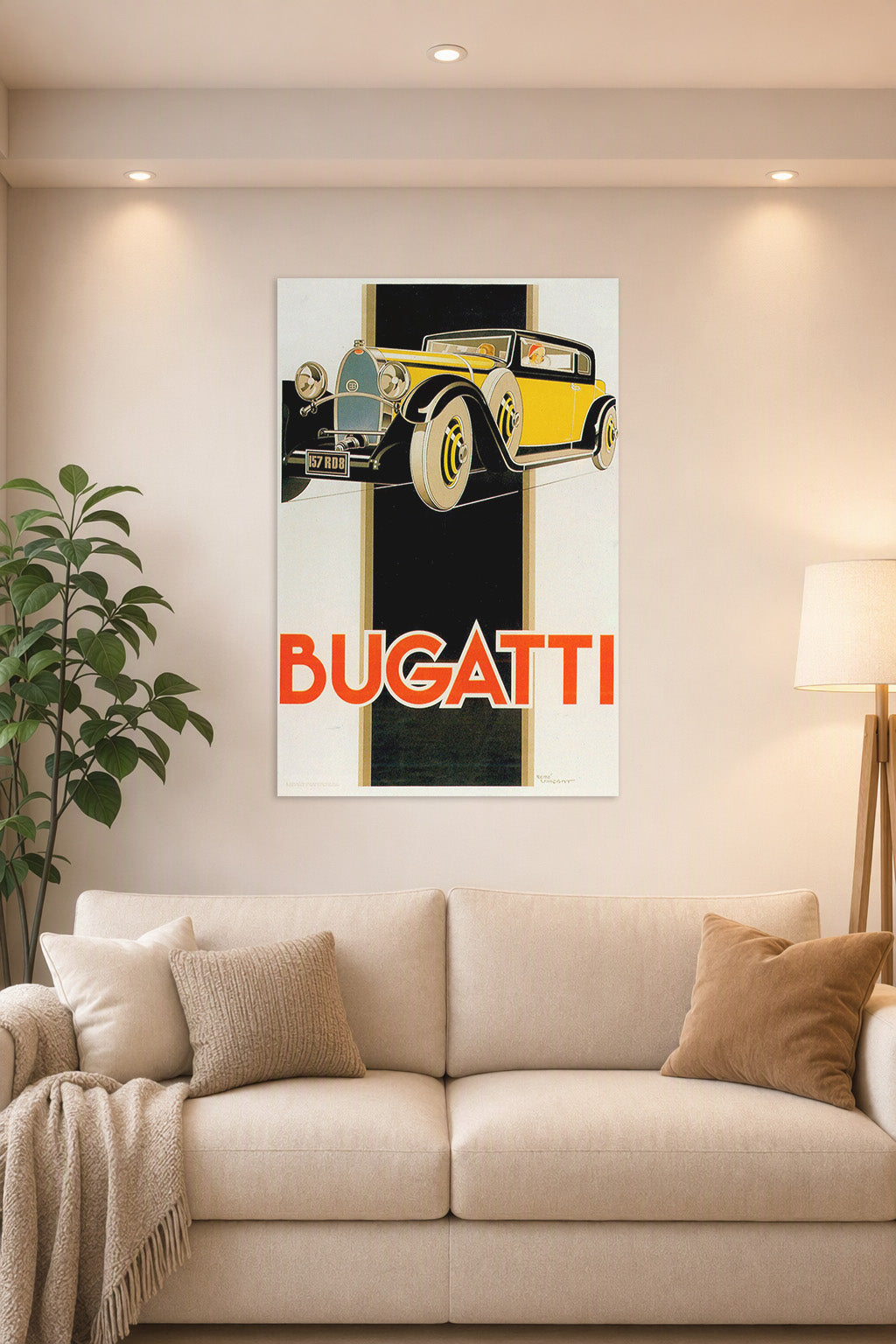 Bugatti Car Art Deco in a bright living room above a beige sofa.