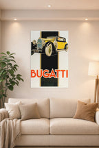 Bugatti Car Art Deco in a bright living room above a beige sofa.