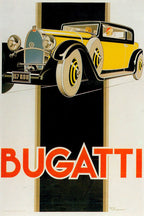 Bugatti wall art print featuring a yellow vintage coupe with two passengers above bold orange lettering on a black geometric panel.