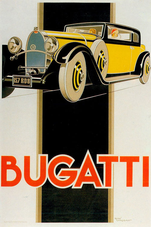 Bugatti wall art print featuring a yellow vintage coupe with two passengers above bold orange lettering on a black geometric panel.